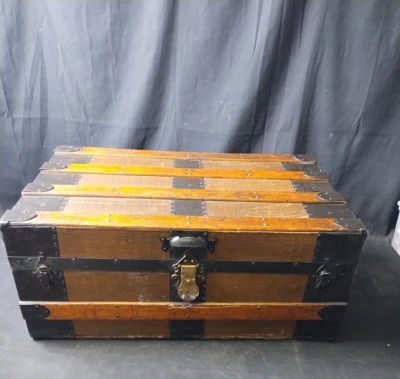 Vintage Wood Canvas Metal Steamer Trunk Brown - Image 1 of 4