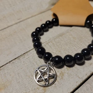 Bracciale con Pentacolo stella Argento perle 8mm Nero da Uomo Donna braccialetto - Foto 1 di 7