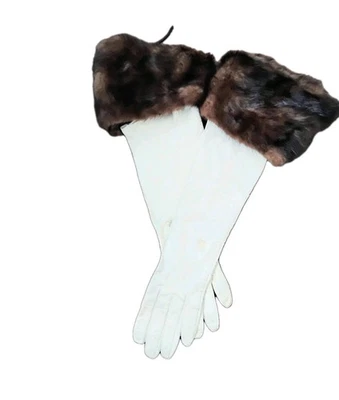 17*White Kid  Leather Gloves.  5* Dk Brown Mink Cuff 7.5 Wedding Or Formal - Image 1 of 4