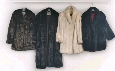 VINTAGE LOT OF 4 FAUX FUR COATS LONG BLACK BROWN WHITE ROCKABILLY MOB WIFE M-2X - Image 1 of 4