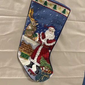 Handmade Wool Needlepoint Xmas Stocking Reindeer Santa Claus - Picture 1 of 7