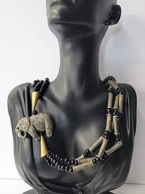Vintage Necklace Beaded Gray Black Gold Tone Elephant Pendant Beaded Jewelry - Image 1 of 4