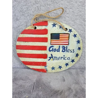 God Bless America Patriotic USA Flag Round Wall Decor Hanging Plaque - Image 1 of 3