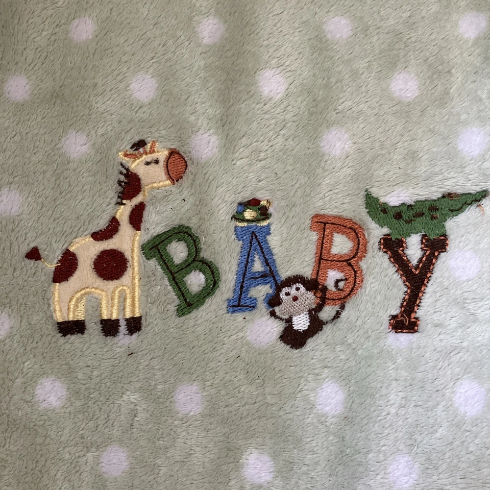 BABY Blanket GARANIMALS Green White Polka DOTS GIRAFFE Monkey Alligator "BABY" - Image 1 of 4