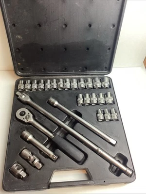 Roebuck Tools 27 piece 1/2" drive AF, MM socket Set. In Case, Ratchet Etc - Image 1 of 4