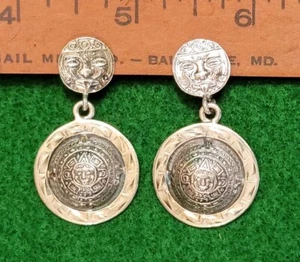 Vintage Sterling Silver Clip On Dangle Earrings 925 Mexico Mayan Calendar Signed - Picture 1 of 21