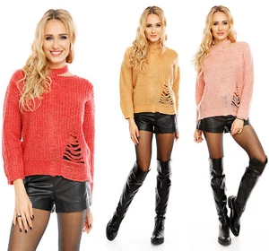 Damen Pullover Loch Gestrickte Sweater Strickpullover Sweatshirt Langarm PL3597 - Picture 1 of 32