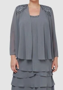 SL FASHIONS Women's Gray Beaded Shoulder Tiered Jacket Plus Size 16W - Picture 1 of 1