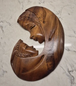 Vintage Madonna & Child Carved Wood Wall Hanging Mother Baby Plaque Philippines - Picture 1 of 13