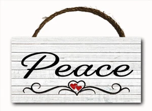Peace Word Script Heart Hanging Wood Plaque Wall Sign Rustic Country Decor 12x6 - Picture 1 of 3