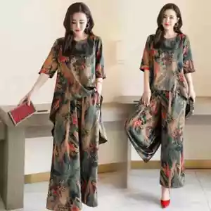 2025 Nuevo Elegante Traje Suelto Estampado Completo Conjunto de Dos Piezas Talla Grande Mujeres - Imagen 1 de 14
