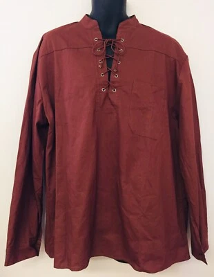 Brown Cotton Renaissance Frontier Reenactment Pirate Men Shirt XXL Long Sleeves - Image 1 of 4