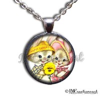Vintage Easter Bunnies Flowers Handmade Glass Pendant Necklace or Key Ring
