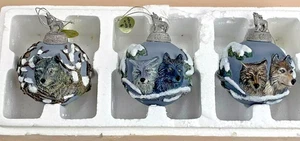 Bradford Edición Ojos del Lobo Salvaje Adornos de Navidad 1999 Vintage 3 Piezas - Imagen 1 de 5
