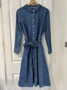 M&S Women’s Blue Denim Shirt Dress UK12 Reg Ruffle Frilly Trim Mid Length - Picture 1 of 10