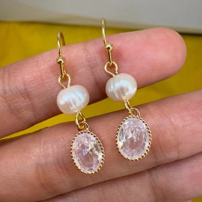 Natural Freshwater Pearl Earrings 14K Gold Plated Zircon Dangle Jewelry Gift - image 1 of 4