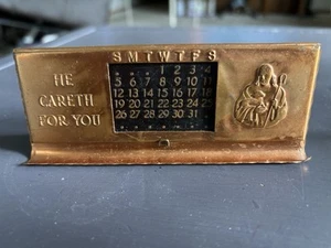 Vintage 1950s Copper Perpetual Desk Calendar He Careth For You Jesus Shephard - Picture 1 of 4