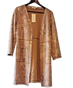 Solitaire Womens Faux Suede Floral Brown Open Front Cardigan Duster SZ Small NEW - Picture 1 of 8
