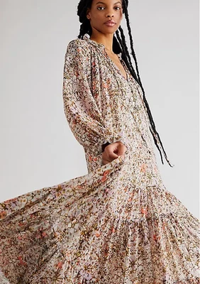 Free People Feeling Groovy Maxi Dress Womens Small Soft Blue Floral Boho Peasant - Image 1 of 4