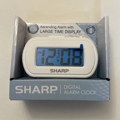 NEW Sharp Battery Alarm Clock Travel Digital 1" SPC483 White Case Blue Light - Image 1 of 4