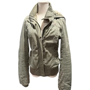 Y2K Hollister Womens Large Olive Green Sherpa Pile Lined Hooded Utility Jacket - Picture 1 of 12