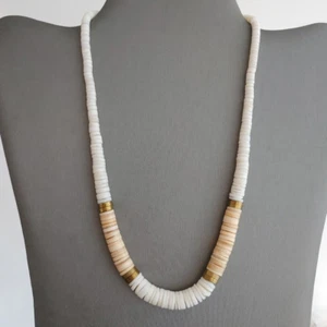 Vintage Heishi Necklace White Pink Shell Brass Accent Beads Graduated 18.5” - Picture 1 of 7