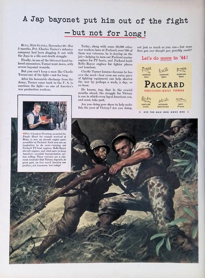 Anuncio impreso vintage Segunda Guerra Mundial 1944 Packard avión bayoneta soldados corazón púrpura  Foto 1 de 1