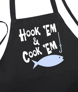 Fisherman's Hook'Em And Cook'em Black BBQ And Grilling Apron, Fishing Gift Idea - Picture 1 of 4