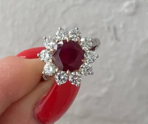 3.30Ct Round Cut GDGL Certified Natural Ruby & Diamond Engagement Ring 14K Gold - Picture 1 of 14