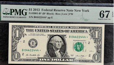 2013 B Duplicate Star Note Error Fancy Serial Number Trinary 67 EPQ PMG FW - Image 1 of 2