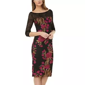 JS Collections Illusion Neck Embroidered Stretch Lace Midi Cocktail Dress Size 4 - Picture 1 of 14