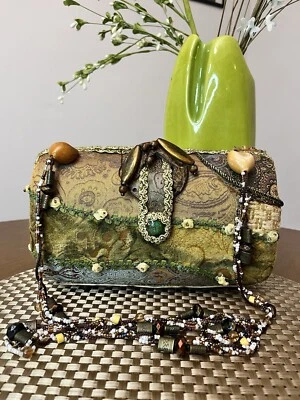 Arts & Crafts Style Hard Case Purse Beaded Floral Green Shoulder Bag - Image 1 of 4