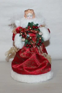 Promax Angel Christmas Tree Topper Hollow Cone Red Satin Gown Holding Wreath - Picture 1 of 6