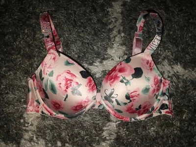 VS Sujetador push up muy sexy satinado brillo estrás logotipo correa nuevo 32a rosa floral Foto 1 de 4