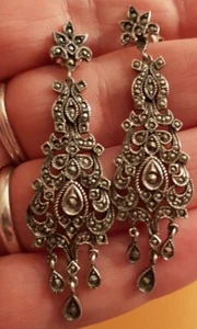 Earrings Marcasite Elegant Fancy Ornate Work Vintage Antique   2" Dangle - Picture 1 of 16