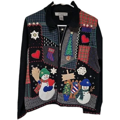 VINTAGE Chandler Hill Patchwork Christmas Sweater Zip Cardigan Petite Medium  - Image 1 of 4