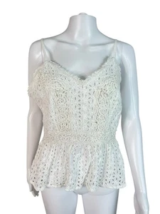 Japna Women's Baby Doll Cami Top White Eyelet Smocked Crochet Boho Size L NWT - Picture 1 of 9