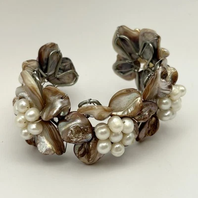 Statement Floral Cuff Bracelet Mother of Pearl Shell Pearl Bead Wire Wrap Boho - Image 1 of 4