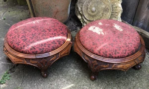 Antique pair of Victorian walnut footstools carved wood gothic ecclesiastical - Picture 1 of 16