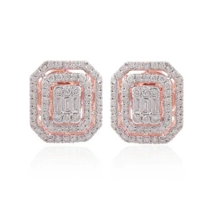 Lab Grown CVD Baguette Pave Diamond Octagon Stud 14k Rose Gold Earrings 0.80 Ct - Picture 1 of 6