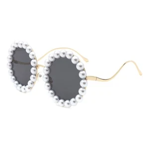 Women's Round Sunglasses Oversized Gold Metal Frame With Pearls UV400 - Picture 1 of 33