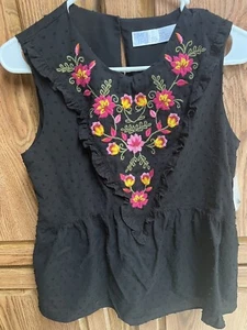 Top Sin mangas TIME & TRU Negro Swiss Dot Bordado Volantes Peplum Talla S 4-6 Nuevo con etiquetas - Imagen 1 de 3