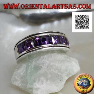 Anello in Argento 925‰ a fascia rodiato con una fila di zirconi color ametista - Foto 1 di 2