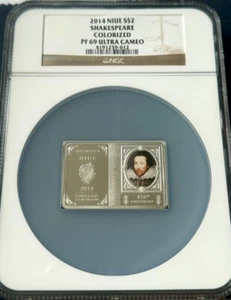 2014 Niue 450th Years William Shakespeare Colored Proof Silver Coin NGC 69 POP 9 - Picture 1 of 7