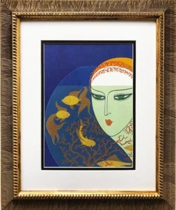 Erte "Fish Bowl" CUSTOM FRAMED Print Art Deco Design Designer  Woman Aquarium - Picture 1 of 3