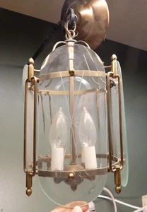 VINTAGE HANGING HALL LIGHT WITH 4 BEVELED GLASS PANELS IN THE STARBURST PATTERN - Picture 1 of 10