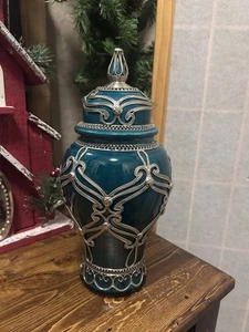 Schöne grüne marokkanische Deckelvase Silber Anfang 20. Jahrhundert? Keramik 11 Zoll - Bild 1 von 7