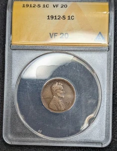 1912-S Lincoln Cent Wheat Penny San Francisco Mint ANACS VF20 - Picture 1 of 2