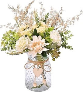 Artificial Flowers with Vase, White Silk Roses Flower Arrangement Fake Faux Flow - Picture 1 of 4