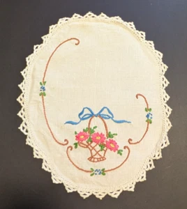 Vtg White Linen Doily Crochet Edge Embroidered Flower Basket Pink Blue 9x11" - Picture 1 of 7
